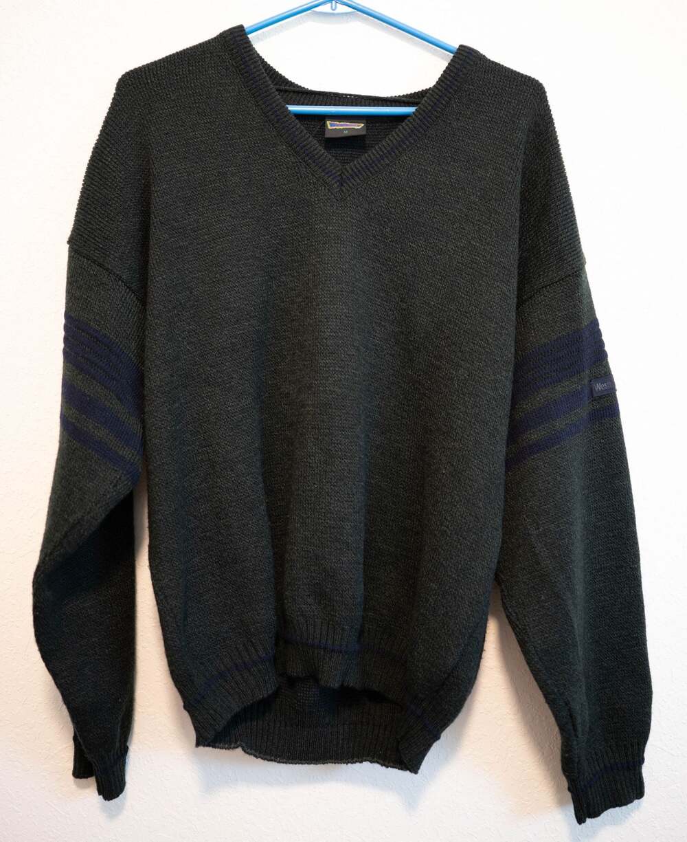 Westbury Men's Green V-Neck Sweater with Striped Sleeve Detail